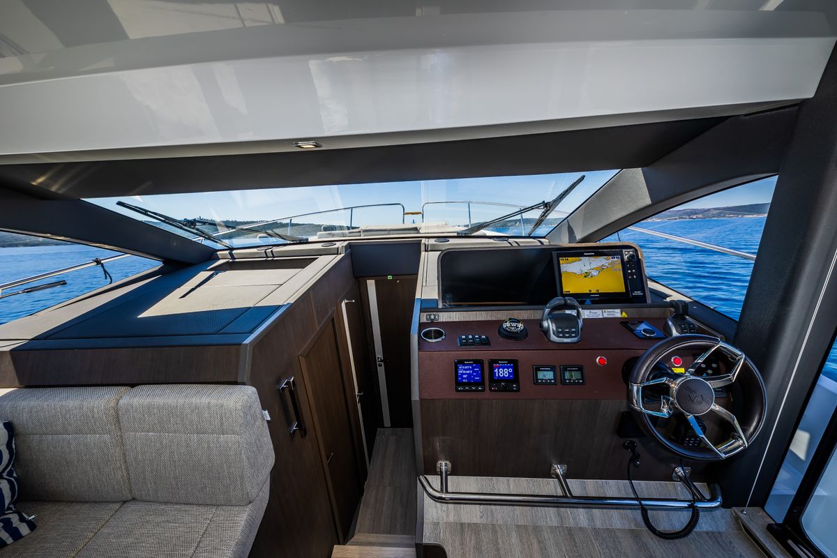 Cockpit of Grace II, a Sealine F430 yacht at Grad Kaštela, Croatia