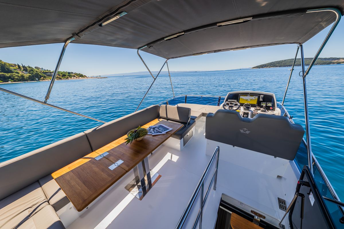 Deck of Grace II, a Sealine F430 yacht at Grad Kaštela, Croatia