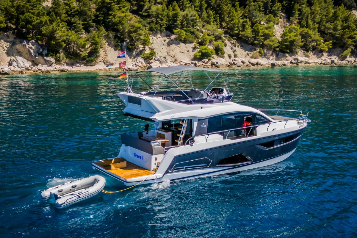 Exterior view of Grace II, a Sealine F430 yacht at Grad Kaštela, Croatia