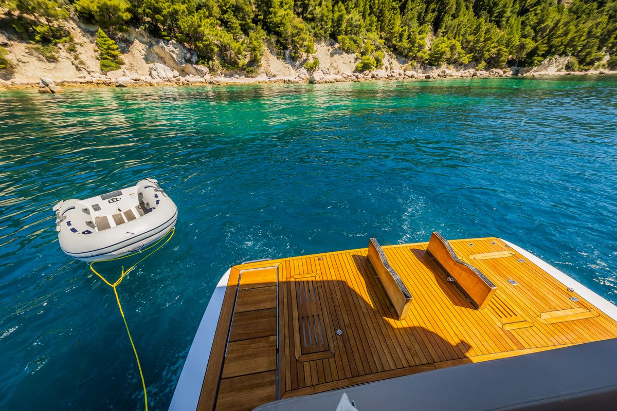 Deck of Grace II, a Sealine F430 yacht at Grad Kaštela, Croatia