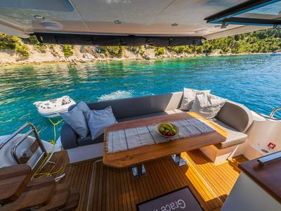 Deck of Grace II, a Sealine F430 yacht at Grad Kaštela, Croatia