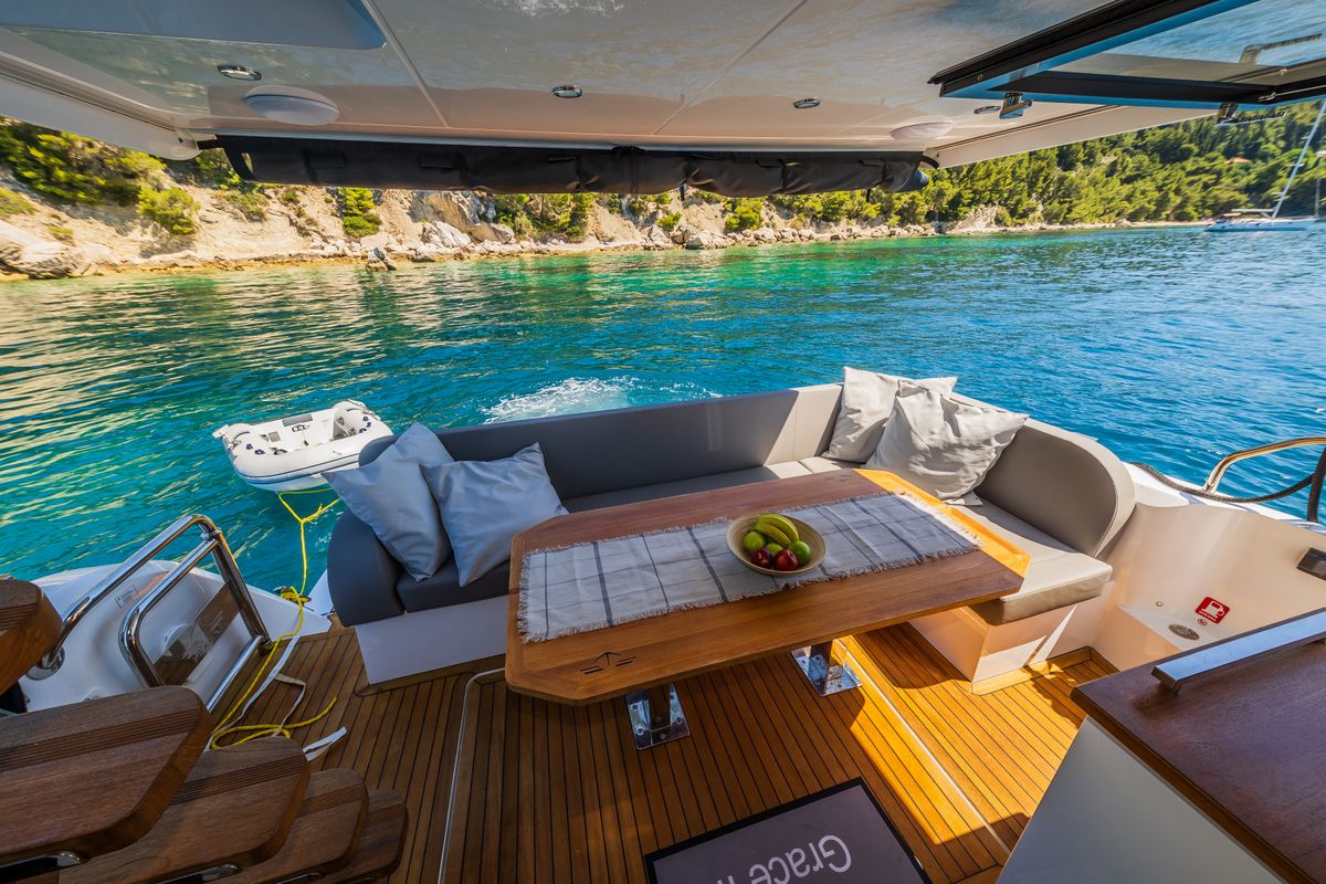 Deck of Grace II, a Sealine F430 yacht at Grad Kaštela, Croatia