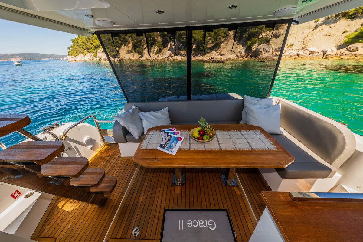 Deck of Grace II, a Sealine F430 yacht at Grad Kaštela, Croatia