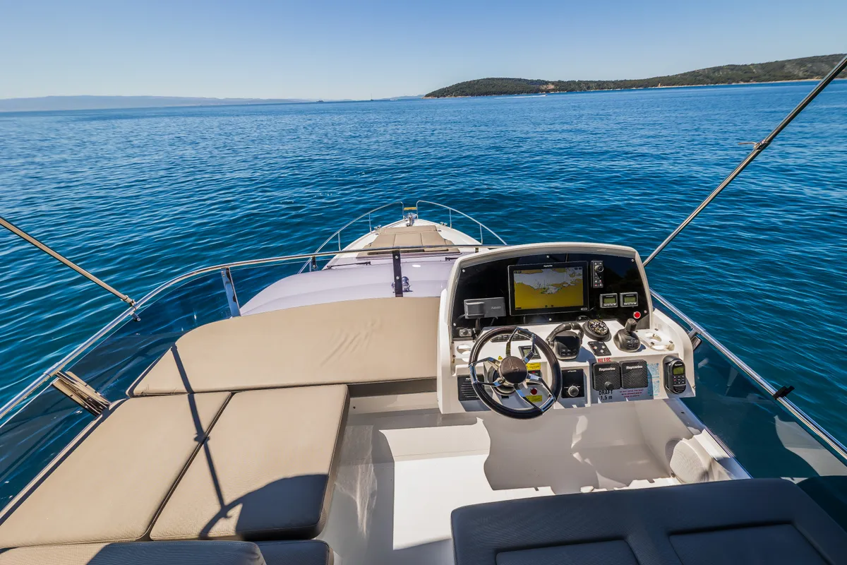 Cockpit of Grace II, a Sealine F430 yacht at Grad Kaštela, Croatia