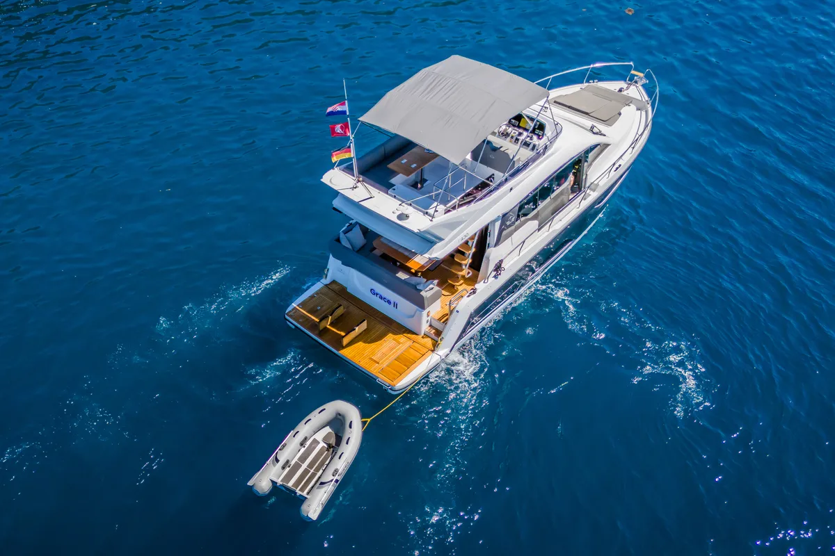 Exterior view of Grace II, a Sealine F430 yacht at Grad Kaštela, Croatia