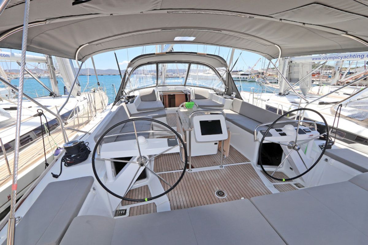 Cockpit of Atlas, a Jeanneau 58 sailboat at Lavreotiki Municipal Unit, Greece
