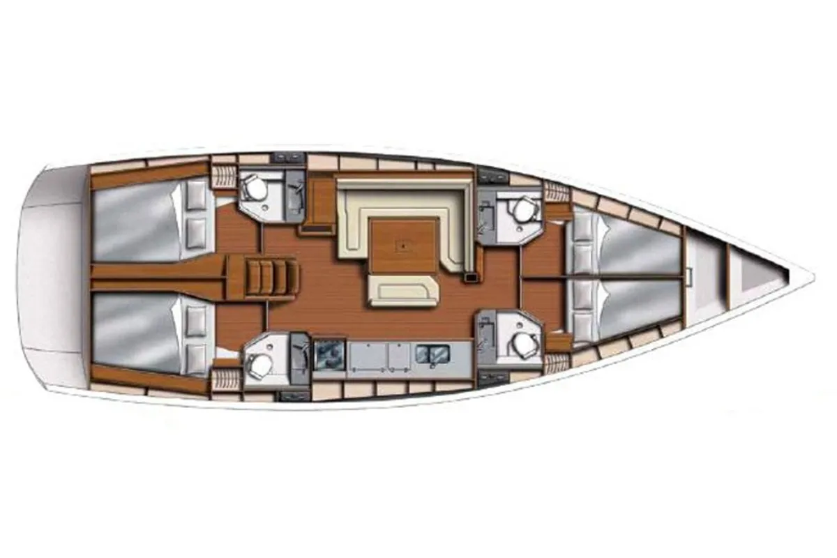 Floor plan of Sunsail 47 Premium Plus, a Jeanneau Sun Odyssey 469 sailboat at Central Abaco, Bahamas