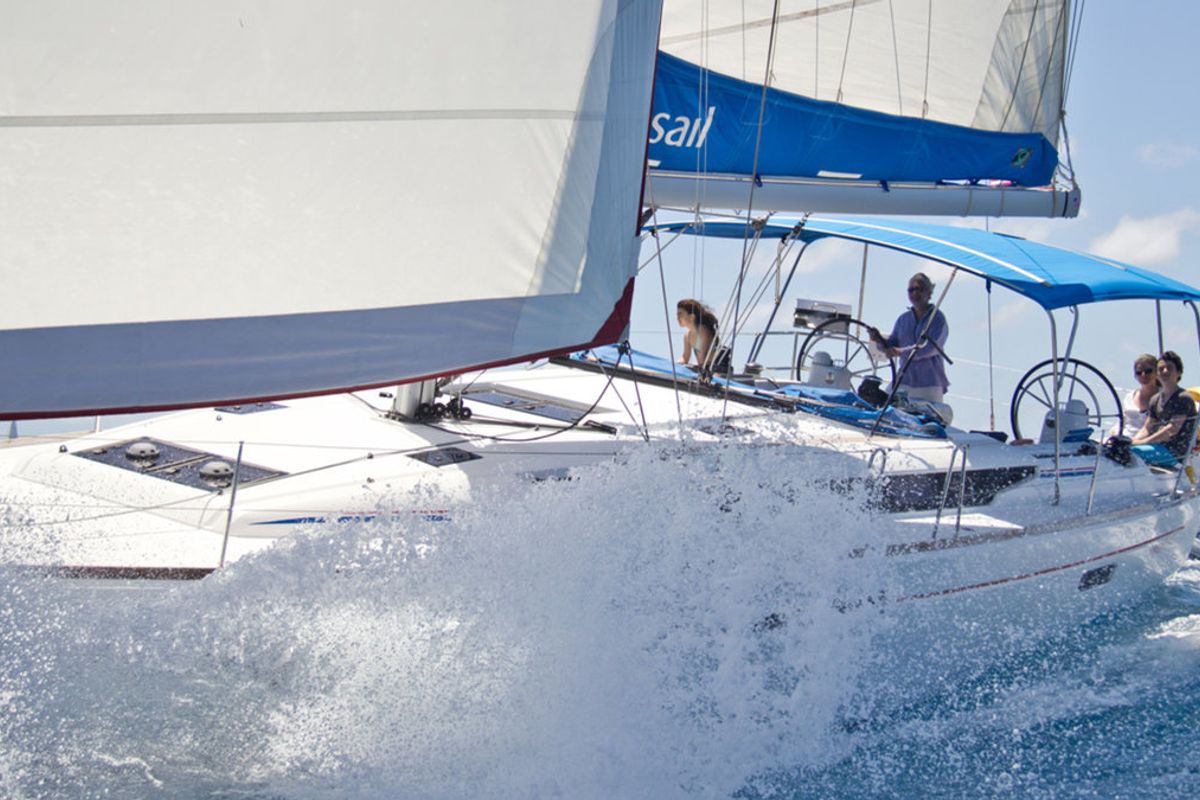 Exterior view of Sunsail 47 Premium Plus, a Jeanneau Sun Odyssey 469 sailboat at Central Abaco, Bahamas