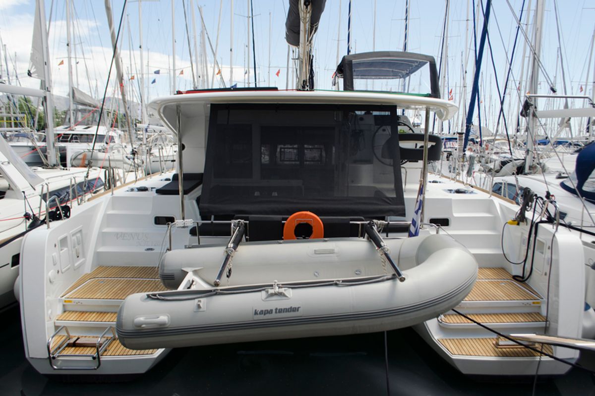 Exterior view of Venus , a Lagoon 40 catamaran at Athens, Greece
