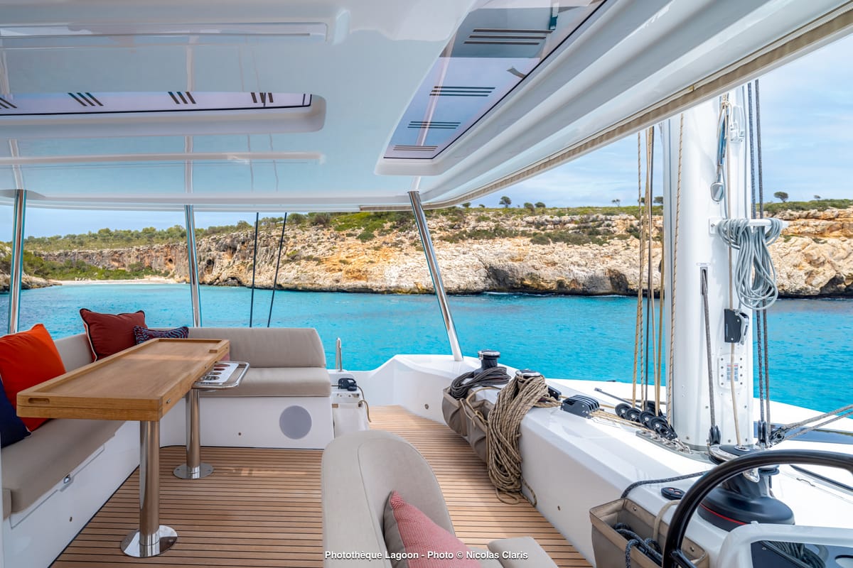 Deck of SAILUXE - Magnifico, a Lagoon 55 catamaran at Olbia, Italy