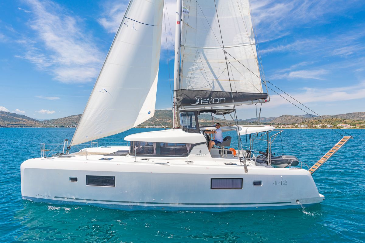 Exterior view of Aurora, a Lagoon 42 catamaran at Preveza, Greece