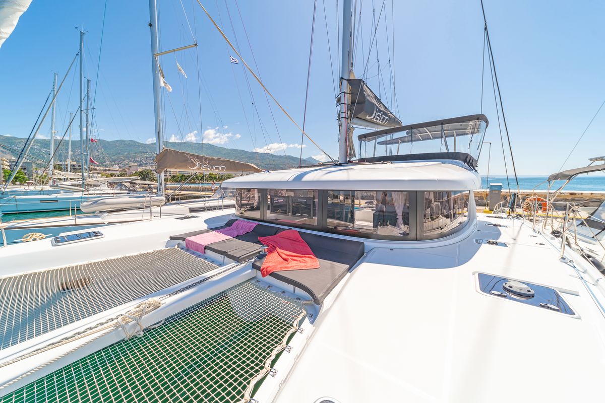 Deck of Aurora, a Lagoon 42 catamaran at Preveza, Greece
