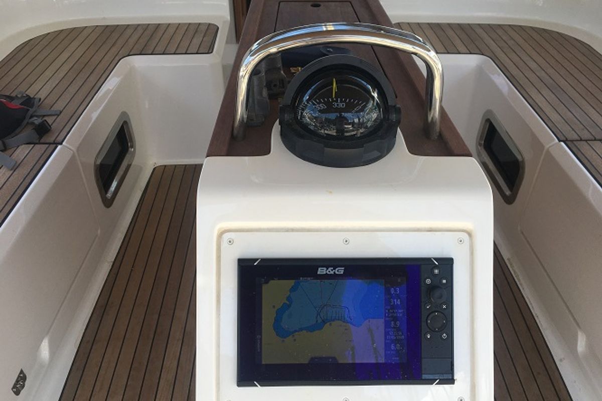 Deck of Santiago, a Bavaria Cruiser 46 sailboat at Fethiye, Turkey