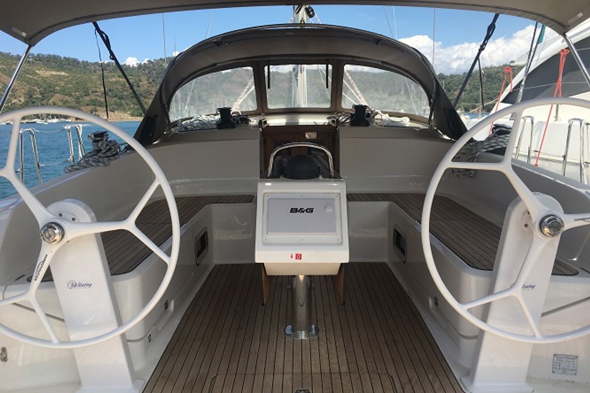 Deck of Santiago, a Bavaria Cruiser 46 sailboat at Fethiye, Turkey