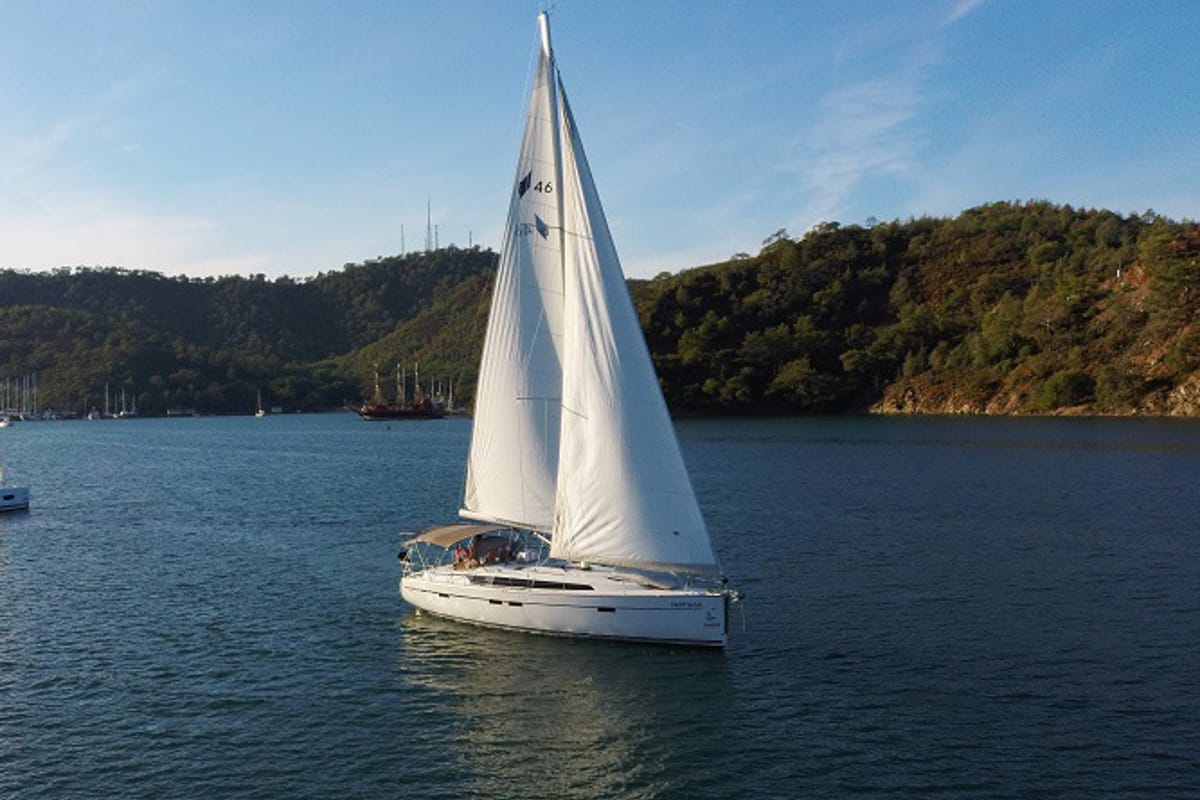 Exterior view of Santiago, a Bavaria Cruiser 46 sailboat at Fethiye, Turkey