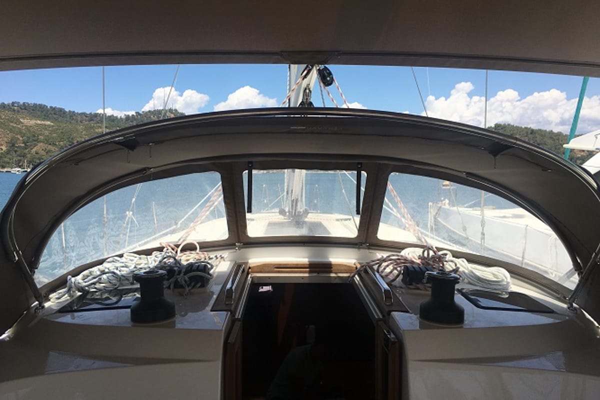 Deck of Santiago, a Bavaria Cruiser 46 sailboat at Fethiye, Turkey