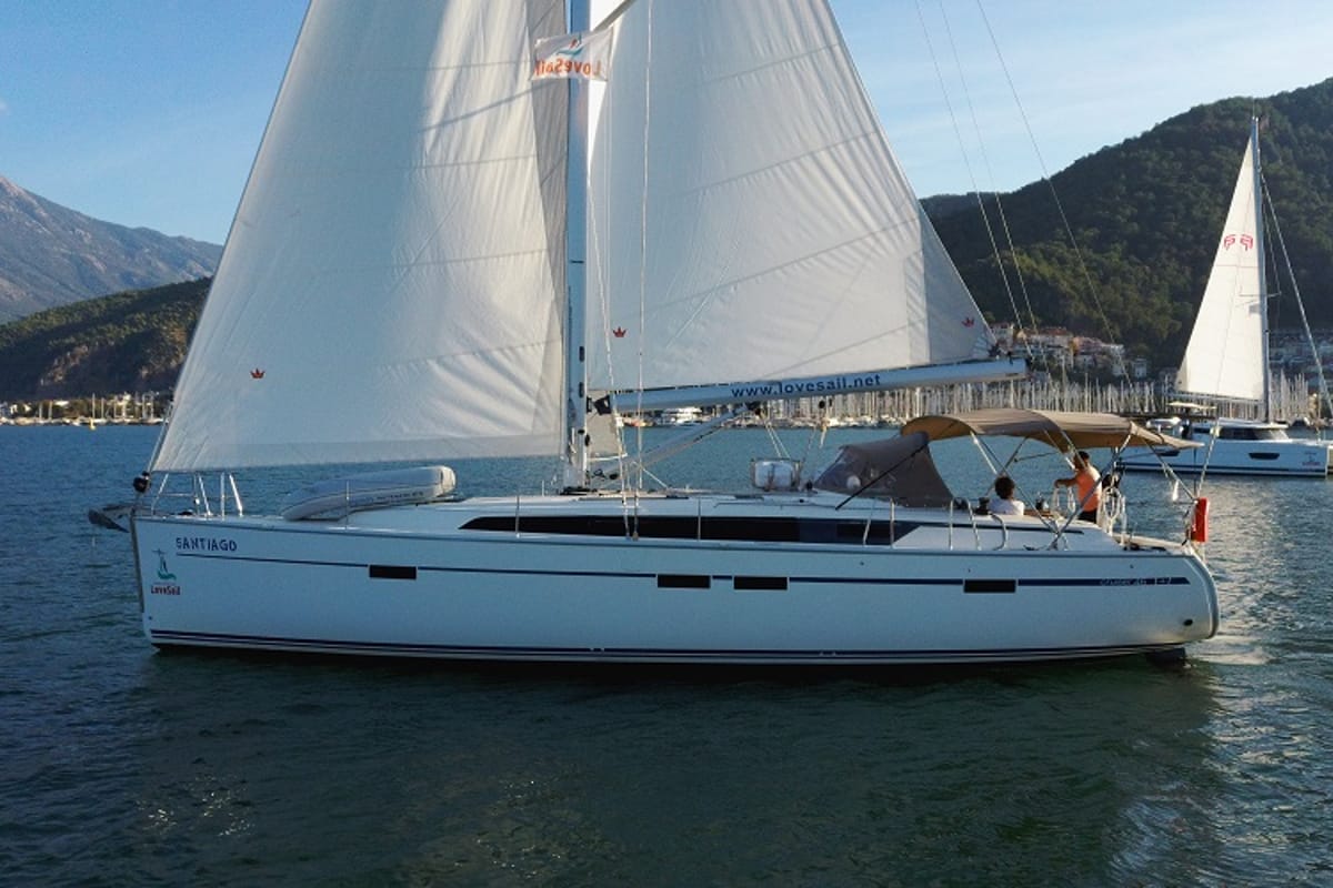 Exterior view of Santiago, a Bavaria Cruiser 46 sailboat at Fethiye, Turkey