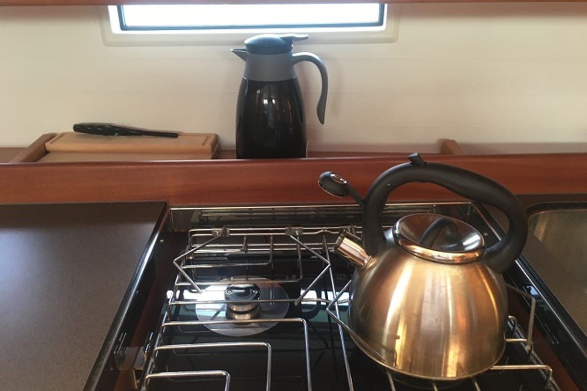 Galley of Santiago, a Bavaria Cruiser 46 sailboat at Fethiye, Turkey