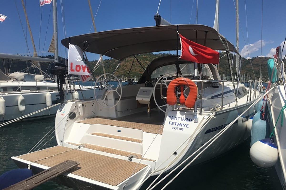 Exterior view of Santiago, a Bavaria Cruiser 46 sailboat at Fethiye, Turkey