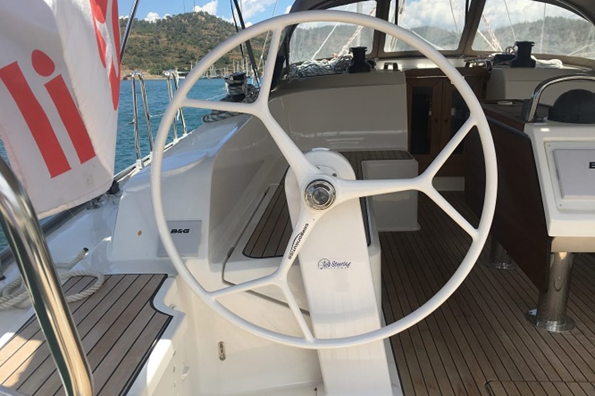 Cockpit of Santiago, a Bavaria Cruiser 46 sailboat at Fethiye, Turkey