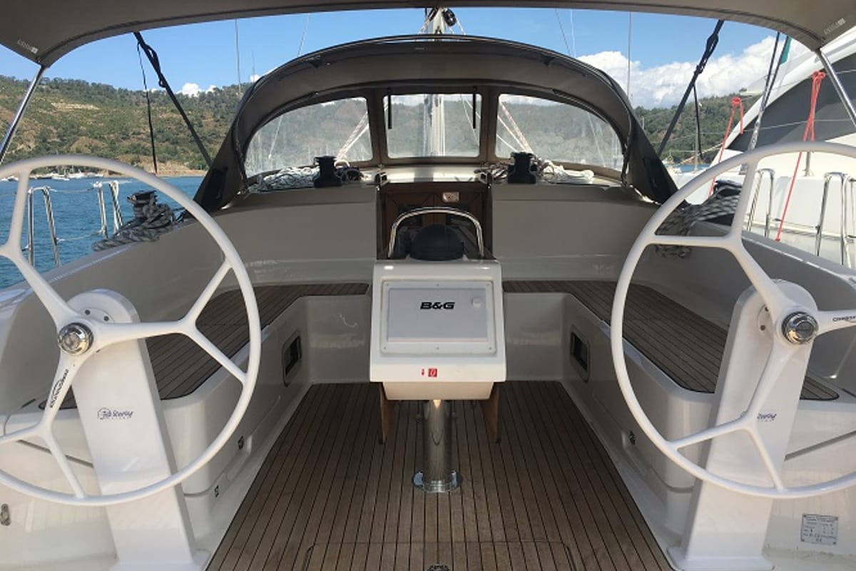 Cockpit of Santiago, a Bavaria Cruiser 46 sailboat at Fethiye, Turkey