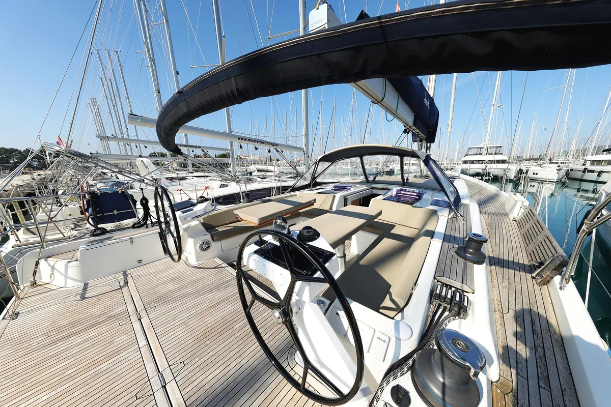 Cockpit of Amethyst, a Hanse Yachts Hanse 575 sailboat at Općina Sukošan, Croatia