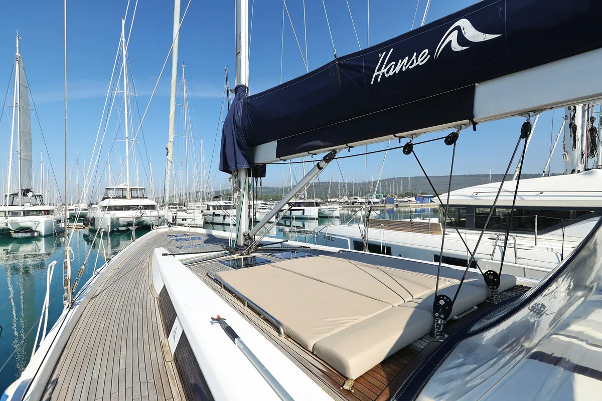Exterior view of Amethyst, a Hanse Yachts Hanse 575 sailboat at Općina Sukošan, Croatia