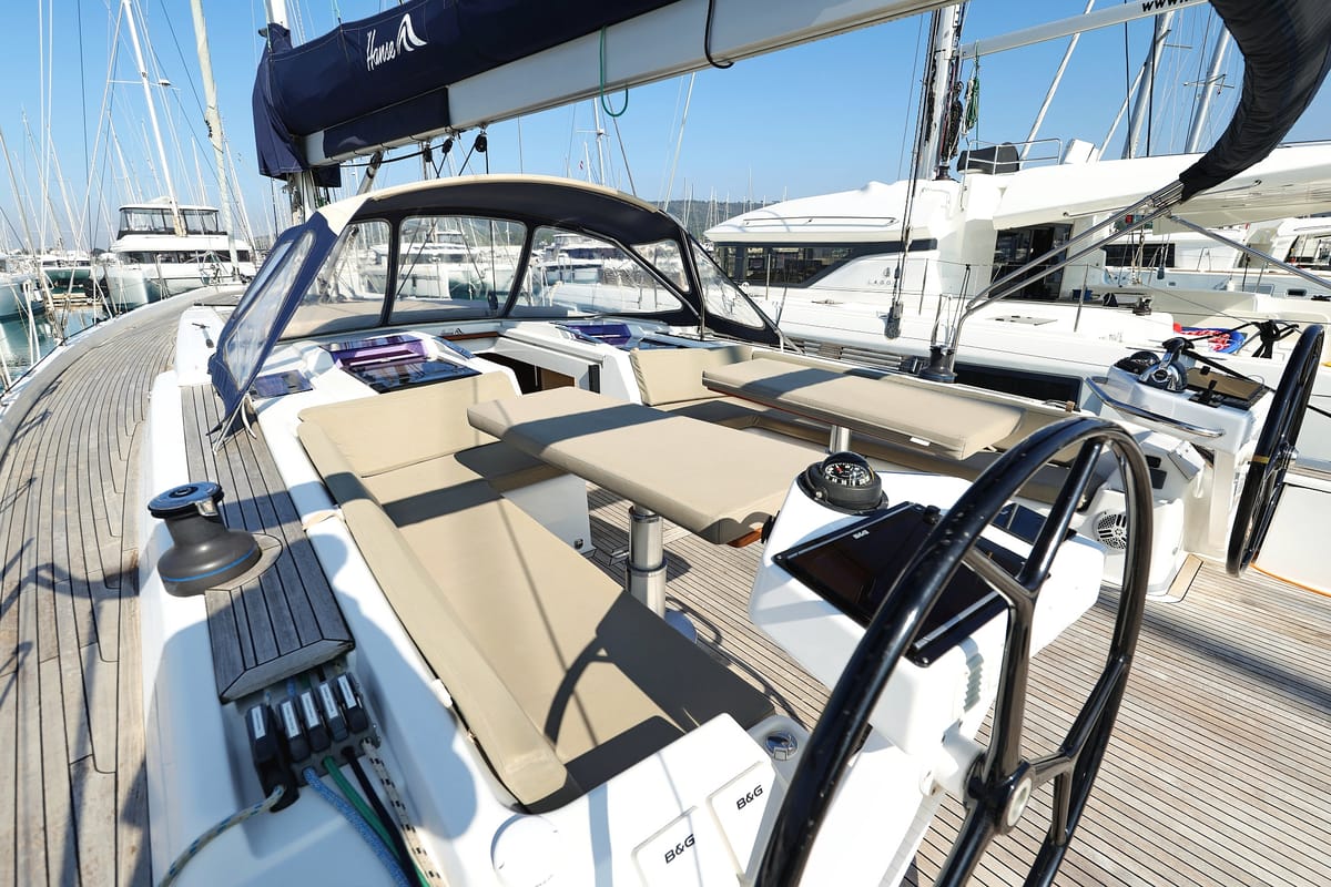 Cockpit of Amethyst, a Hanse Yachts Hanse 575 sailboat at Općina Sukošan, Croatia