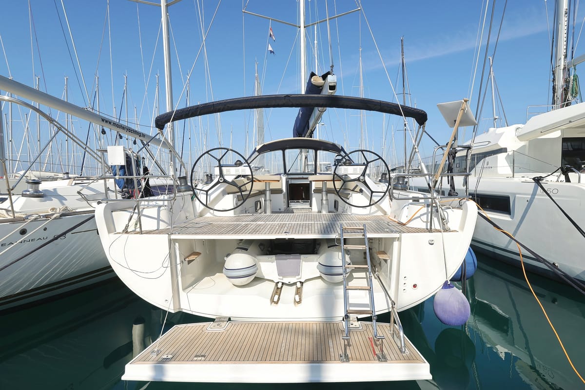 Exterior view of Amethyst, a Hanse Yachts Hanse 575 sailboat at Općina Sukošan, Croatia