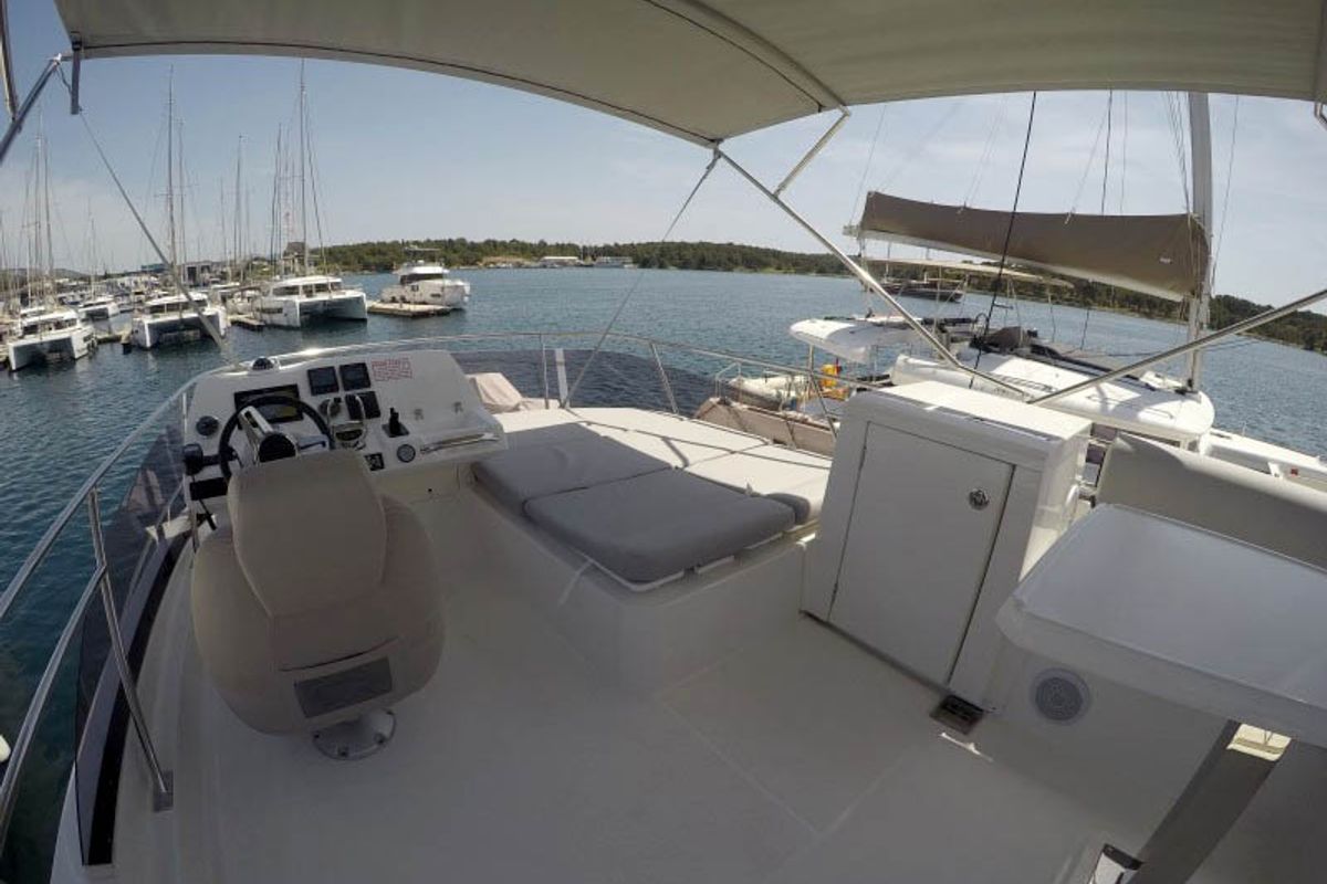 Cockpit of Brigadoon, a Jeanneau Prestige 420 Fly yacht at Grad Šibenik, Croatia