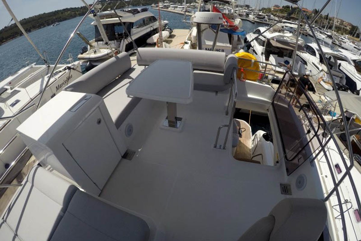 Deck of Brigadoon, a Jeanneau Prestige 420 Fly yacht at Grad Šibenik, Croatia
