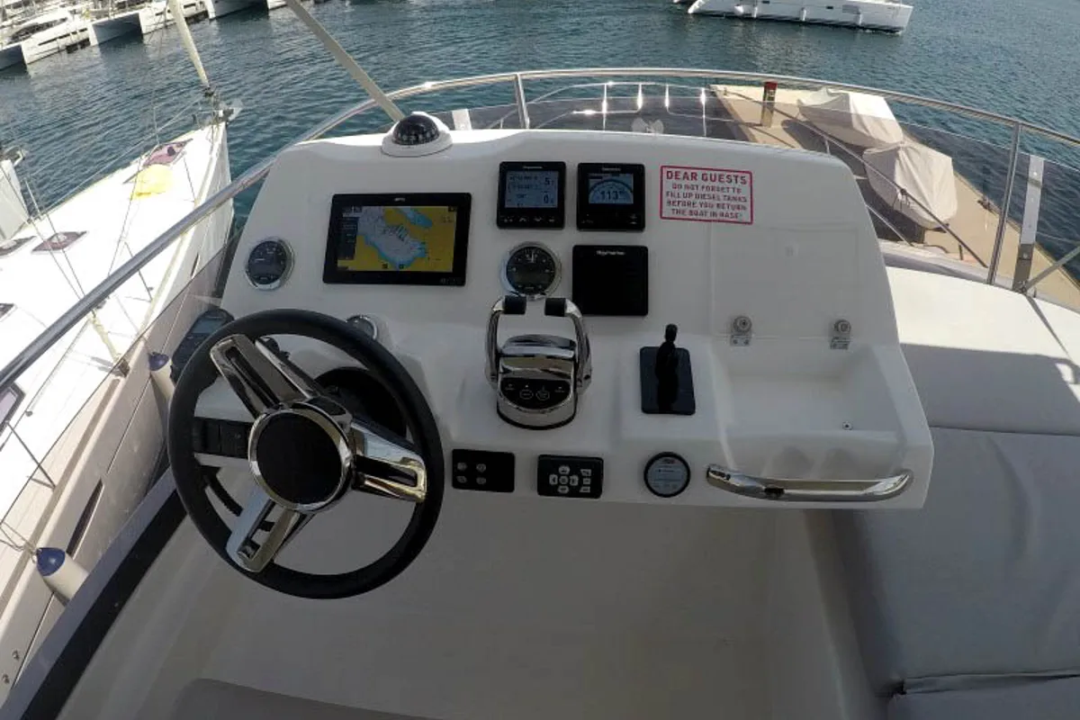 Cockpit of Brigadoon, a Jeanneau Prestige 420 Fly yacht at Grad Šibenik, Croatia