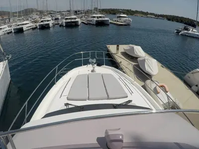 Deck of Brigadoon, a Jeanneau Prestige 420 Fly yacht at Grad Šibenik, Croatia