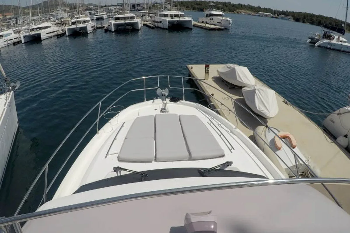 Deck of Brigadoon, a Jeanneau Prestige 420 Fly yacht at Grad Šibenik, Croatia