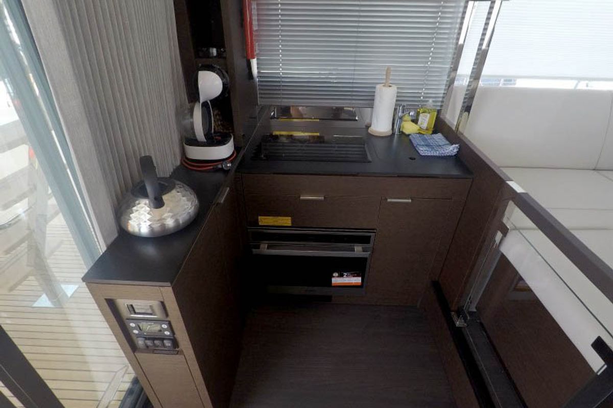 Galley of Brigadoon, a Jeanneau Prestige 420 Fly yacht at Grad Šibenik, Croatia