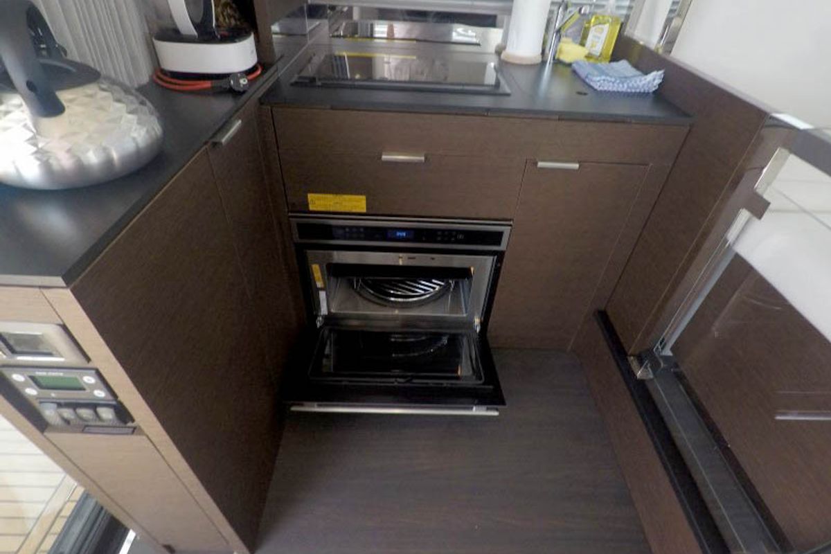 Galley of Brigadoon, a Jeanneau Prestige 420 Fly yacht at Grad Šibenik, Croatia