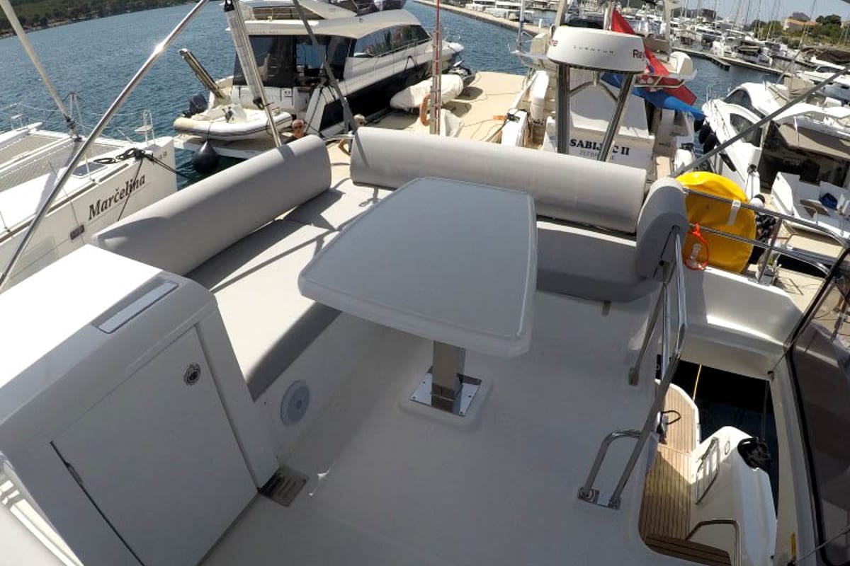 Deck of Brigadoon, a Jeanneau Prestige 420 Fly yacht at Grad Šibenik, Croatia