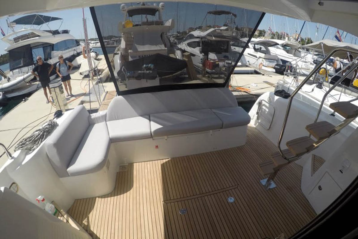 Deck of Brigadoon, a Jeanneau Prestige 420 Fly yacht at Grad Šibenik, Croatia