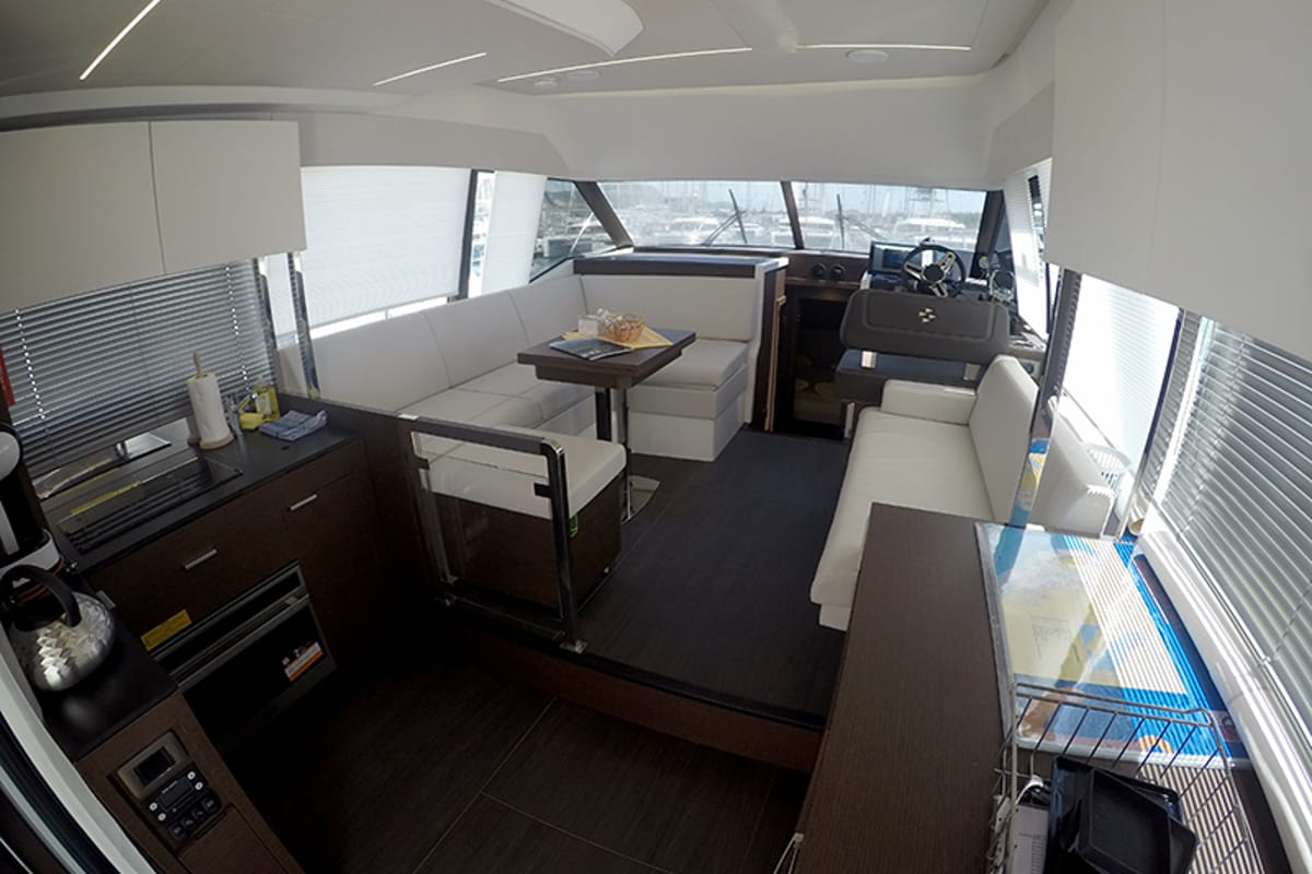 Salon of Brigadoon, a Jeanneau Prestige 420 Fly yacht at Grad Šibenik, Croatia