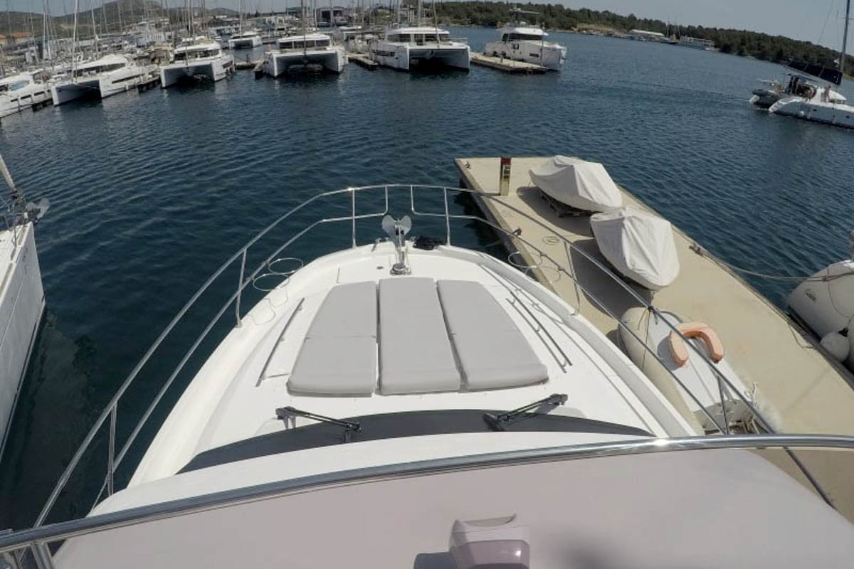 Deck of Brigadoon, a Jeanneau Prestige 420 Fly yacht at Grad Šibenik, Croatia