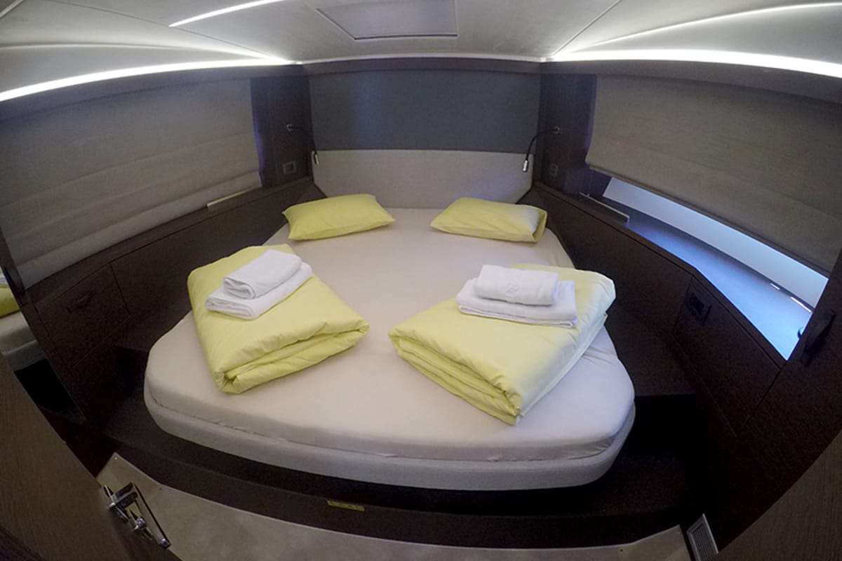 Cabin on Brigadoon, a Jeanneau Prestige 420 Fly yacht at Grad Šibenik, Croatia