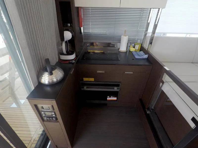 Galley of Brigadoon, a Jeanneau Prestige 420 Fly yacht at Grad Šibenik, Croatia