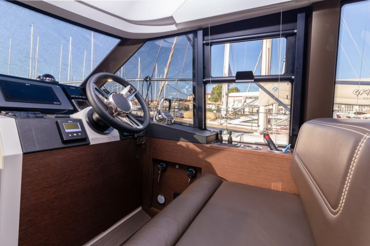 Cockpit of Brigadoon, a Jeanneau Prestige 420 Fly yacht at Grad Šibenik, Croatia