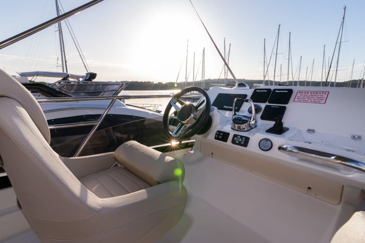 Cockpit of Brigadoon, a Jeanneau Prestige 420 Fly yacht at Grad Šibenik, Croatia