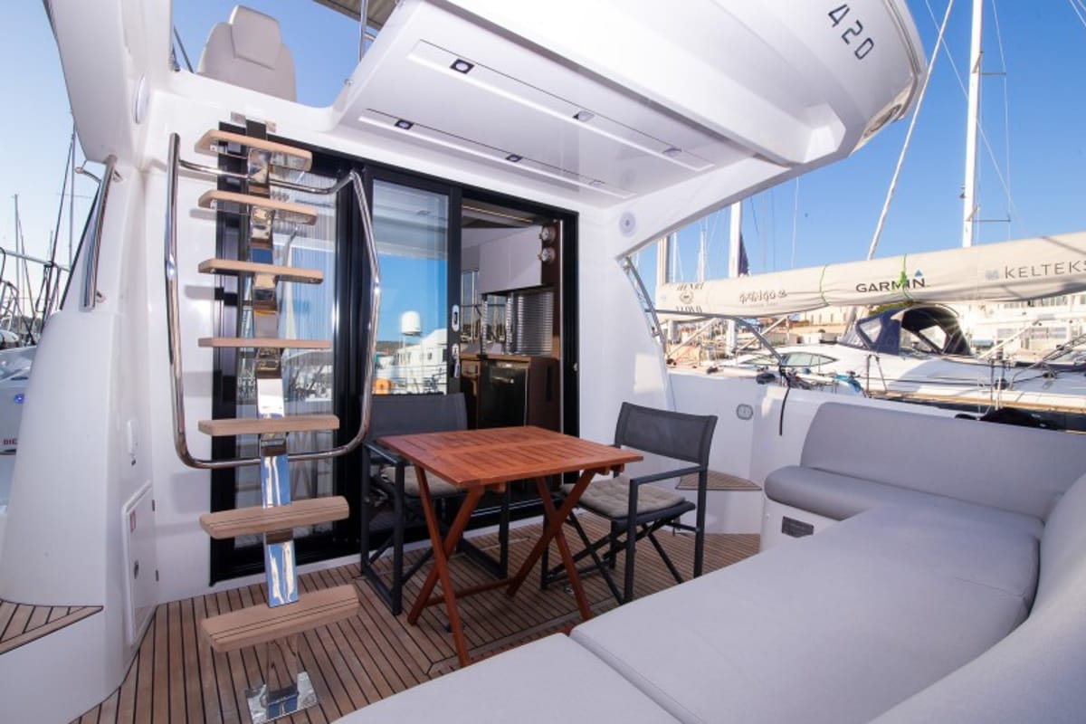 Deck of Brigadoon, a Jeanneau Prestige 420 Fly yacht at Grad Šibenik, Croatia