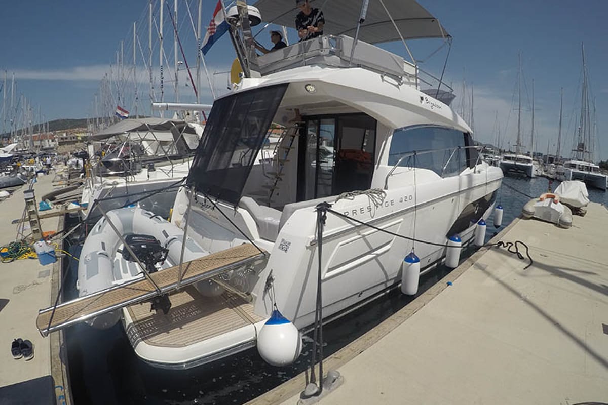 Exterior view of Brigadoon, a Jeanneau Prestige 420 Fly yacht at Grad Šibenik, Croatia