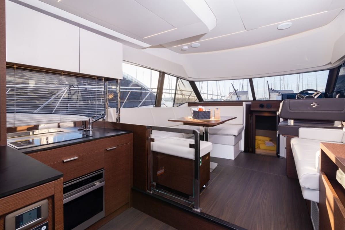 Salon of Brigadoon, a Jeanneau Prestige 420 Fly yacht at Grad Šibenik, Croatia