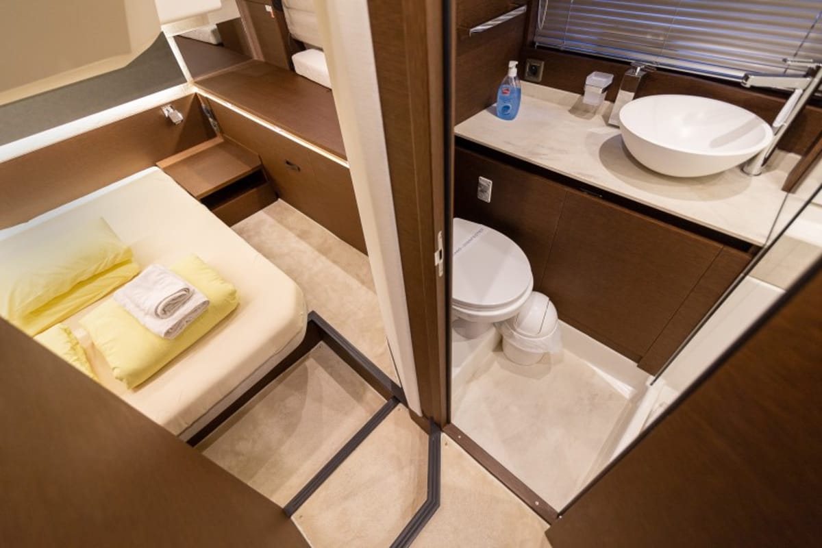 Cabin on Brigadoon, a Jeanneau Prestige 420 Fly yacht at Grad Šibenik, Croatia