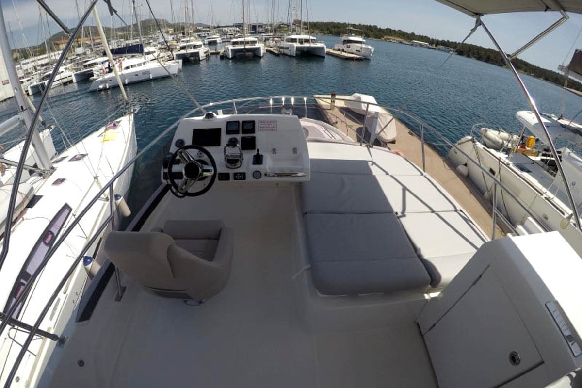 Cockpit of Brigadoon, a Jeanneau Prestige 420 Fly yacht at Grad Šibenik, Croatia