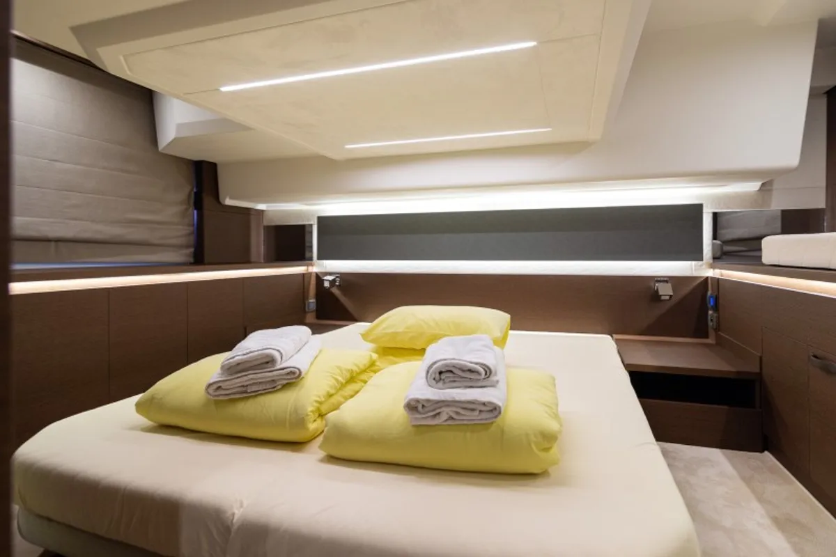 Cabin on Brigadoon, a Jeanneau Prestige 420 Fly yacht at Grad Šibenik, Croatia